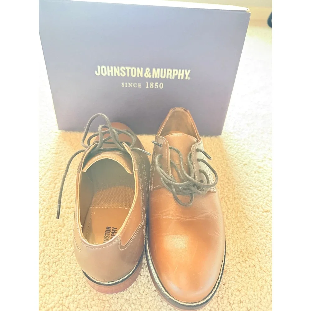 Johnston & Murphy Boys BK Conard Saddle Leather Oxford Shoes 3.5M Tan Brown